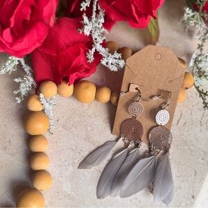 Boho Feather Dangle Earrings in Taupe - Lightweight Women’s Jewelry